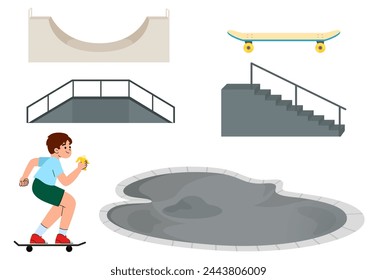 Concepto de parque de patinaje con varias rampas ilustración vectorial. Muchacho adolescente en monopatín. Joven monopatín hipster.
