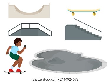 Skate park concept with various ramps vector illustration. roller arena. Teenager boy on skateboard.Young hipster skateboarder.
