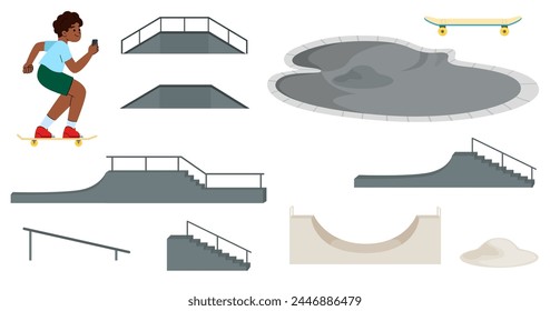 Skate park concept with various ramps vector illustration. roller arena. Teenager boy on skateboard.Young hipster skateboarder.
