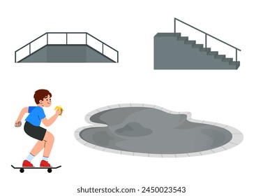 Skate park concept with various ramps vector illustration. roller arena. Teenager boy on skateboard.Young hipster skateboarder.