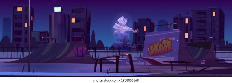 Skate park with ghost jump on skateboard at night