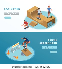 Skate park horizontal banners with sport symbols isometric isolated vector illustration