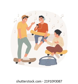 At The Skate Park Isolated Cartoon Vector Illustration. Hanging Out At Skate Park With Friends, Teens Leisure Time Together, Boys Chilling And Talking, Guys Listening To Music Vector Cartoon.