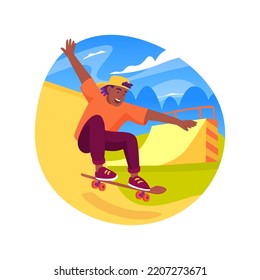 Skate park isolated cartoon vector illustration. Young skater teenage boy jumping with skateboard on ramp in skate park, sporty guy performing extreme tricks, active lifestyle vector cartoon.