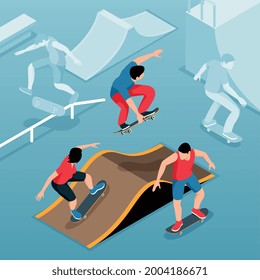 Skate Park isometrischer Hintergrund mit Teenagerübungen auf Skateboards mit Konstruktionen für Springstunzen Vektorgrafik
