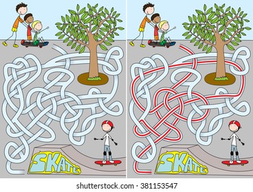 Skate park maze for kids with a solution