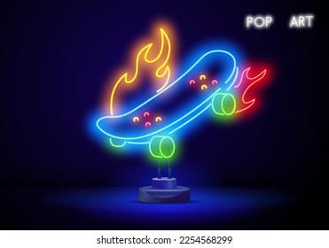 Skate park neon text on skateboard logo. Neon sign, night bright advertisement, colorful signboard, light banner.