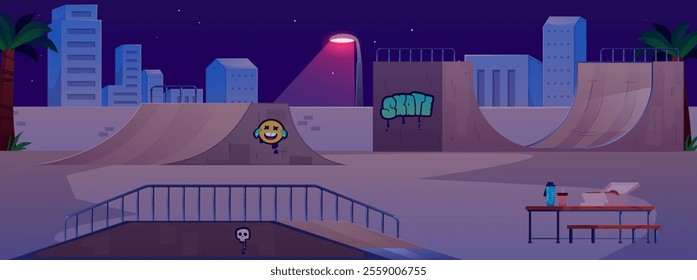 Skate park on cityscape night time vector flat illustration. Cartoon skateboard ramp and other skatepark equipment, graffiti, pizza lounge area, street lamp lighting