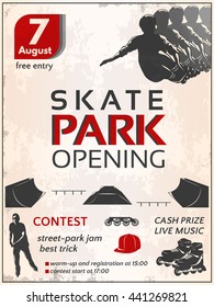 Skate park opening poster with teenagers roller boots wheels sportive equipment on dirty white background vector illustration 