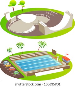 Skate Park And Pool. Fun Cartoon Map Elements. Elements  Are In The Separate Layers.