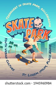 Skate Park Poster With Boy Riding On Skateboard On Rollerdrome. Vector Flyer With Cartoon Cityscape With Ramps And Teenager Jump On Track. Playground For Extreme Sport Activity