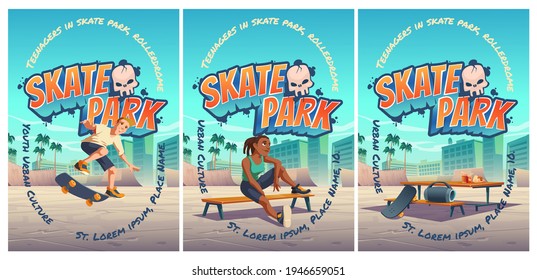 Skate Park Poster With Boy Riding On Skateboard On Rollerdrome. Vector Flyer With Cartoon Cityscape With Ramps And Teenager Jump On Track. Playground For Extreme Sport Activity