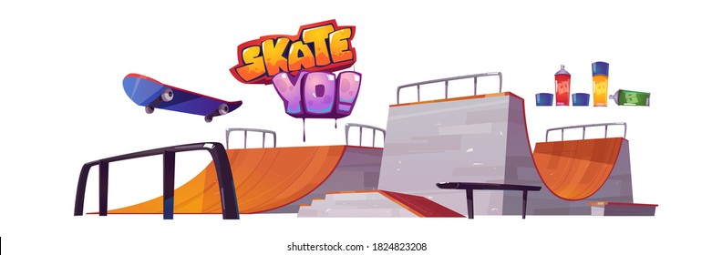 Skate park ramps, skateboard and graffiti letters isolated on white background. Vector cartoon set of stadium with track for roller board. Playground for extreme sport activity