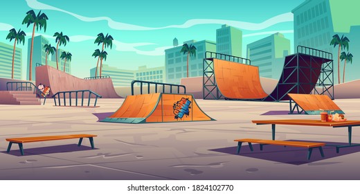 Skate park with ramps in tropical city. Vector cartoon cityscape with track for skateboard, picnic table, wooden bench and palm trees. Playground for extreme sport activity