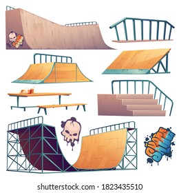 Skate park or rollerdrome constructions for skateboard jumping stunts, graffiti and furniture. Quarter and half pipe ramps with railings, speed bumps and picnic bench Cartoon vector illustration set