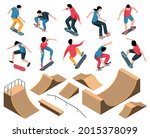 Skate park set of constructions for skateboard jumping stunts including quarter and half pipe ramps with railings and speed bumps isometric vector illustration