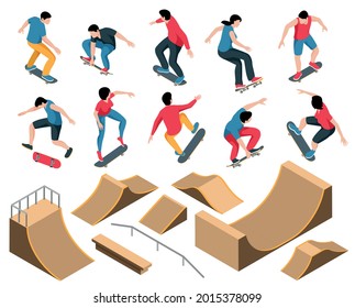 Skate park set of constructions for skateboard jumping stunts including quarter and half pipe ramps with railings and speed bumps isometric vector illustration