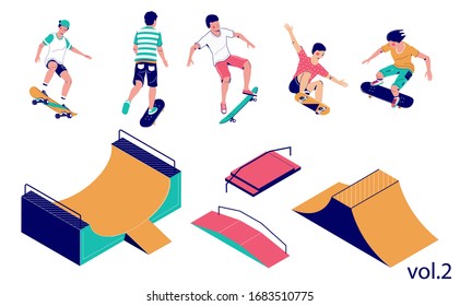 Skate park set, vector flat illustration isolated on white background. Isometric skateboard ramp and other skatepark equipment, skateboarders riding skateboards and performing tricks.