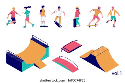 Skate-Park-Set, Vektorillustration, flache Abbildung einzeln auf weißem Hintergrund. Isometrische Skateboardrampe und andere Ausrüstung für Skateboardanlagen, Skateboarder und Rollschuhlfahrer.