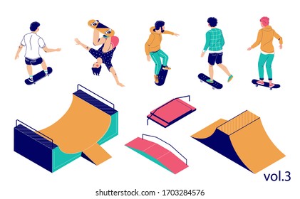 Skate park set, vector flat illustration isolated on white background. Isometric skateboard ramp and other skatepark equipment, happy teens riding skateboards and performing stunts.