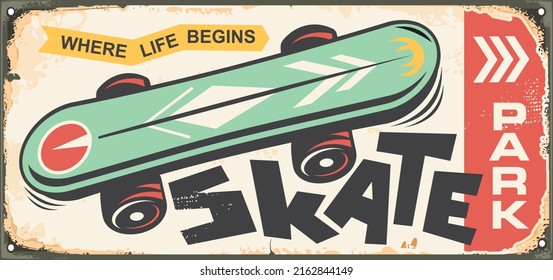 Skate park sign design template. Skateboard retro advertisement. Sports and recreation vector illustration.