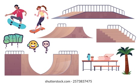 Skate park vector flat illustration set. Cartoon skateboard ramp and other skatepark equipment, teenager skateboarders riding skateboards and performing tricks, graffiti, pizza lounge area isolated