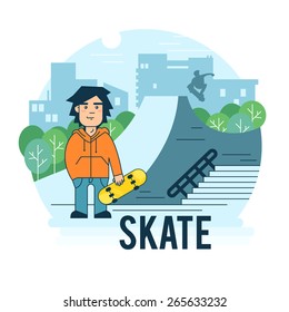 Skate park vector illustration. The guy with the skate for use in promotion.
