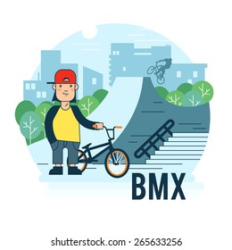 Skate park vector illustration. The guy with the BMX bike for use in promotion.