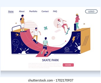 Skate park vector website template, landing page design for website and mobile site development. Happy teens boys and girl skateboarders riding skateboards, learning to skate on ramp in city park.