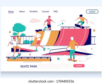 Skate park vector website template, landing page design for website and mobile site development. Skateboarders riding skateboards and performing tricks on skate ramp in city park. Rollerdrome concept.