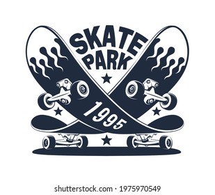 Skate park vintage print. Skate retro logo with skateboard. Vector illustration.