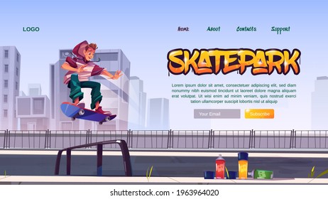 Skate park website with boy riding on skateboard on rollerdrome. Vector landing page with cartoon cityscape, teenager jump on track, aerosols for graffiti. Playground for extreme sport activity