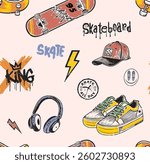 Skate pattern design. skateboard hadphone taypography sinikers mixd vector patterns. Fashion urban style. Cool typography art design vector. Boys slogan t-shirt design. Grunge illustration with 