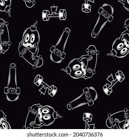 skate pattern with skateboard and bomb character cartoon