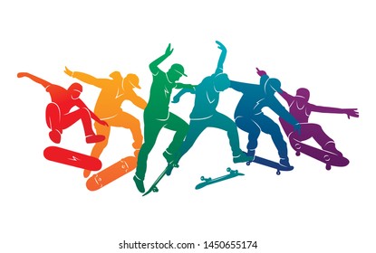 
Skate people silhouettes skateboarders colorful vector illustration background extreme