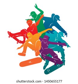 
Skate people silhouettes skateboarders colorful vector illustration background extreme