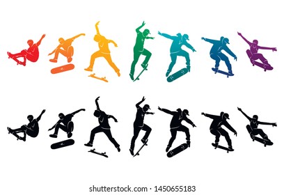 
Skate people silhouettes skateboarders colorful vector illustration background extreme