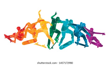 Skate people silhouettes skateboarders colorful vector illustration background extreme
