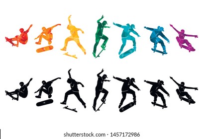 Skate people silhouettes skateboarders colorful vector illustration background extreme
