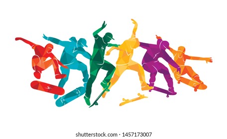 Skate people silhouettes skateboarders colorful vector illustration background extreme
