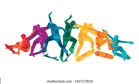 Skate people silhouettes skateboarders colorful vector illustration background extreme
