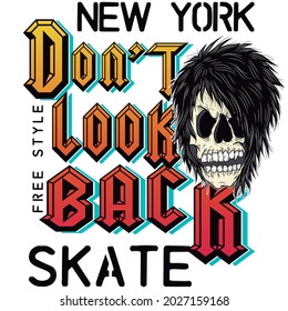 skate print, rock skull and text