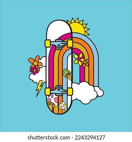 Skate Rainbow Groovy Retro Vintage Vector Illustration