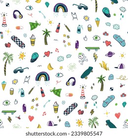 Skate, rainbow, music doodles summer vector seamless pattern.