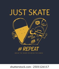 skateboard und wiederholen slogan mit gebrochen skateboard grafik vektorgrafik