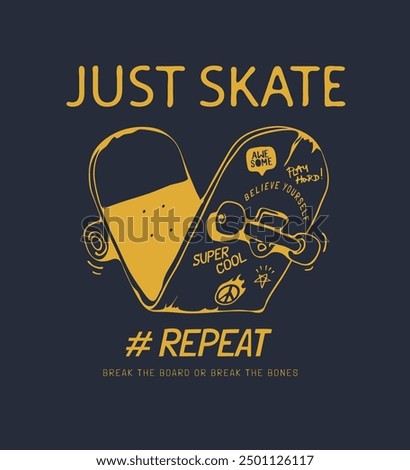 skate and repeat slogan with broken skateboard graphic vector illustration