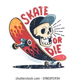 Skate retro logo with funny skull in cap. Skater t-shirt print with skateboard. Vector illustration.