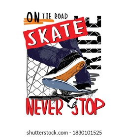 Skate ride slogan with illustration of skateboarder in action, typography - vector