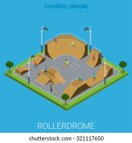 Skate roller arena rollerdrome flat 3d isometric city building outdoor concept. Teenagers on skateboard facility. Build your own world collection.