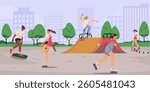 Skate roller. Fair in city park. Happy woman enjoying summer activities. Cheerful skaters. Young joyful girl riding on skateboard. Skating people. Urban skatepark. Outdoor leisure. Vector illustration